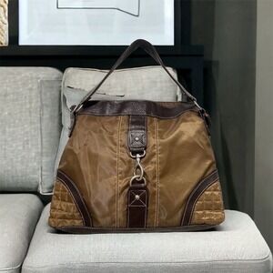 Women's Brown Nylon & Leather Shoulder Bag with Zip Pocket & Comfy Strap